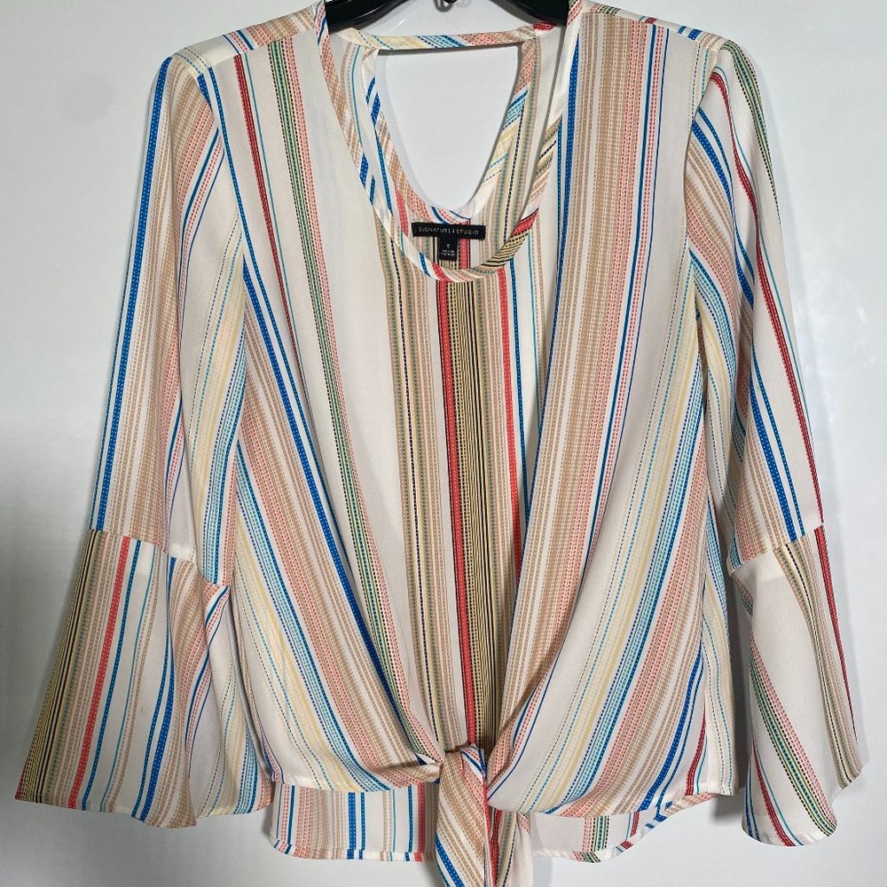 Striped front-tie shirt